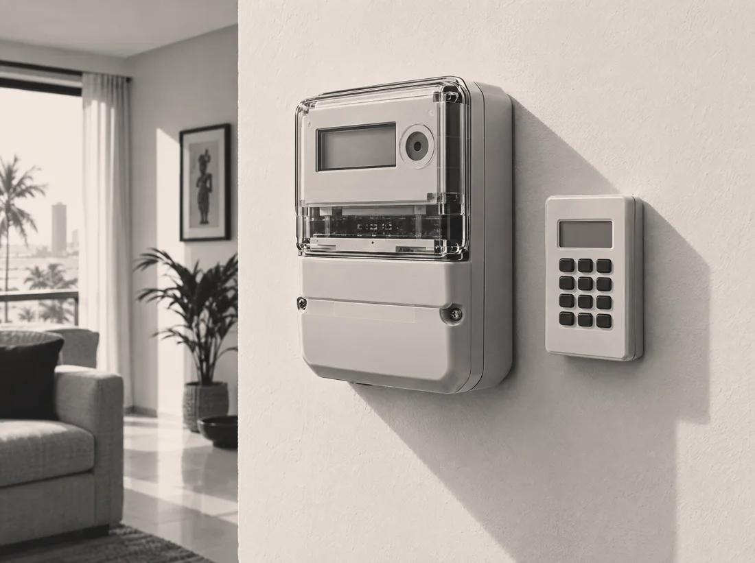Compteur prépayé illustré dans un intérieur aux murs crème
